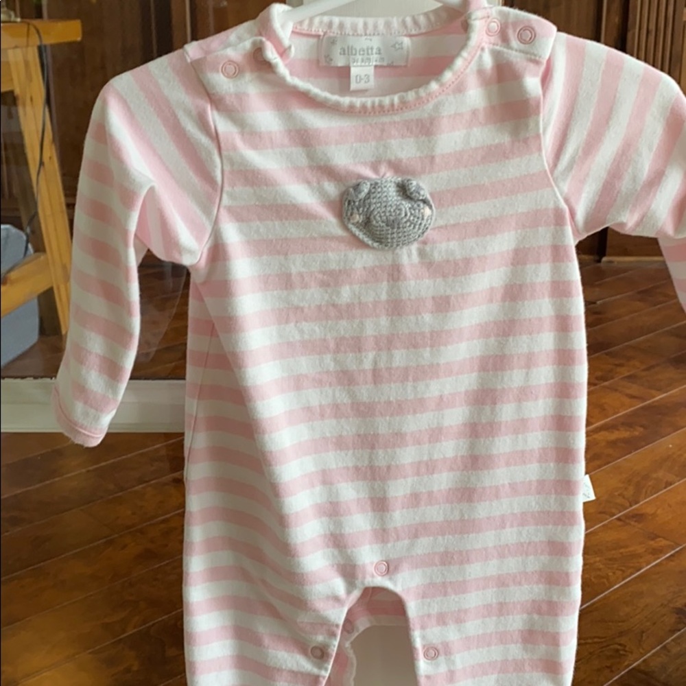 Albetta long sleeve stripe romper w/ bear appliqué